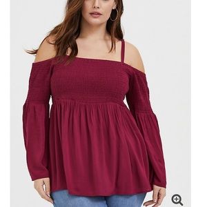 TORRID RED WINE CHALLIS COLD SHOULDER BLOUSE NWT